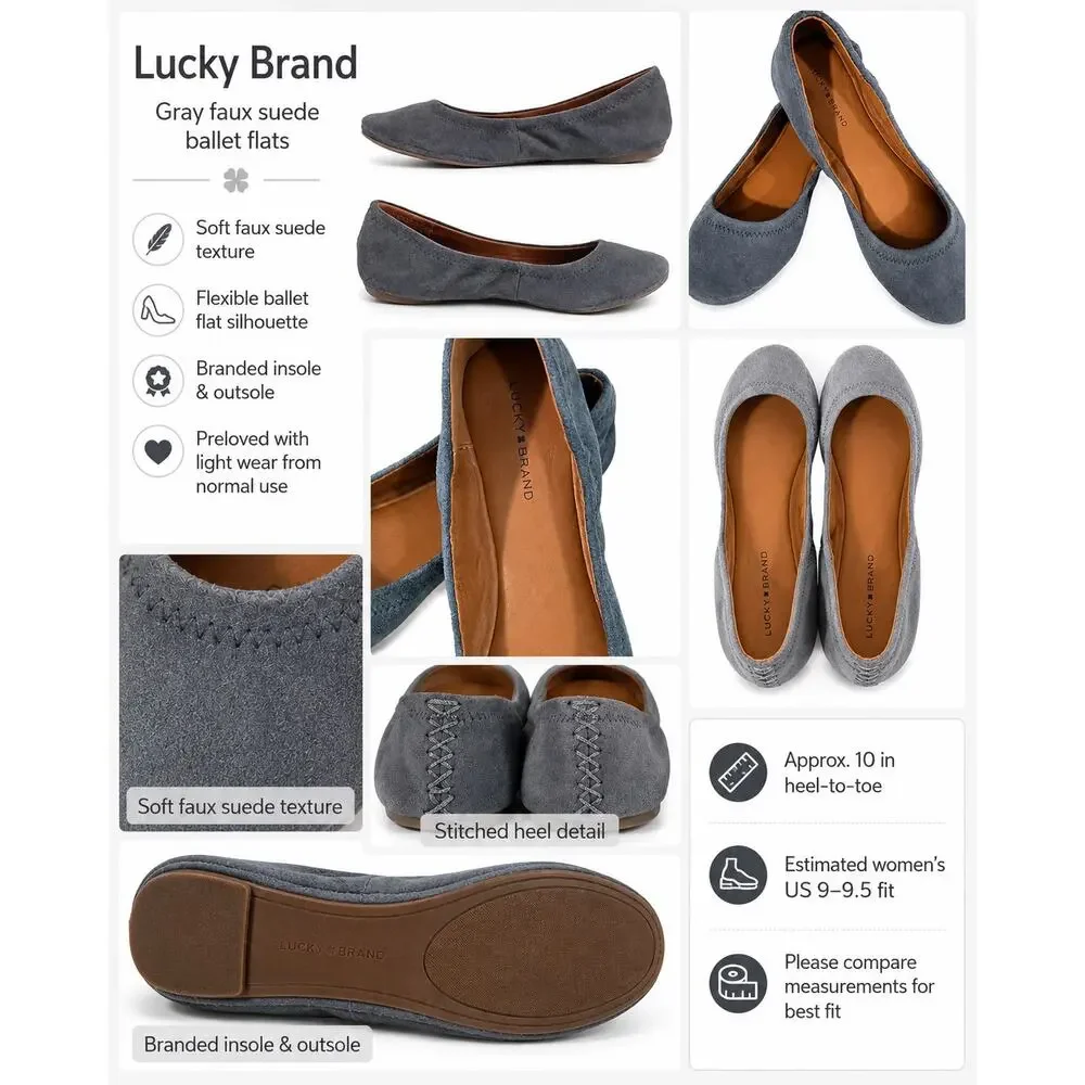 Lucky‎ Brand Emmie Ballet Flats Womens 9.5 Gray Faux Suede Balletcore Boho